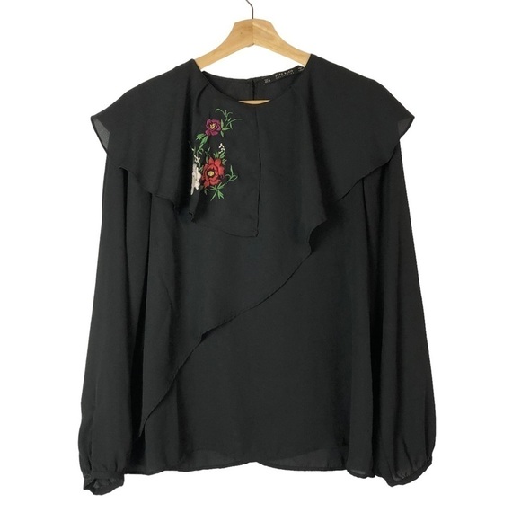 Zara Black Long Sleeve Ruffle Layered Floral Blouse M - Picture 1 of 4
